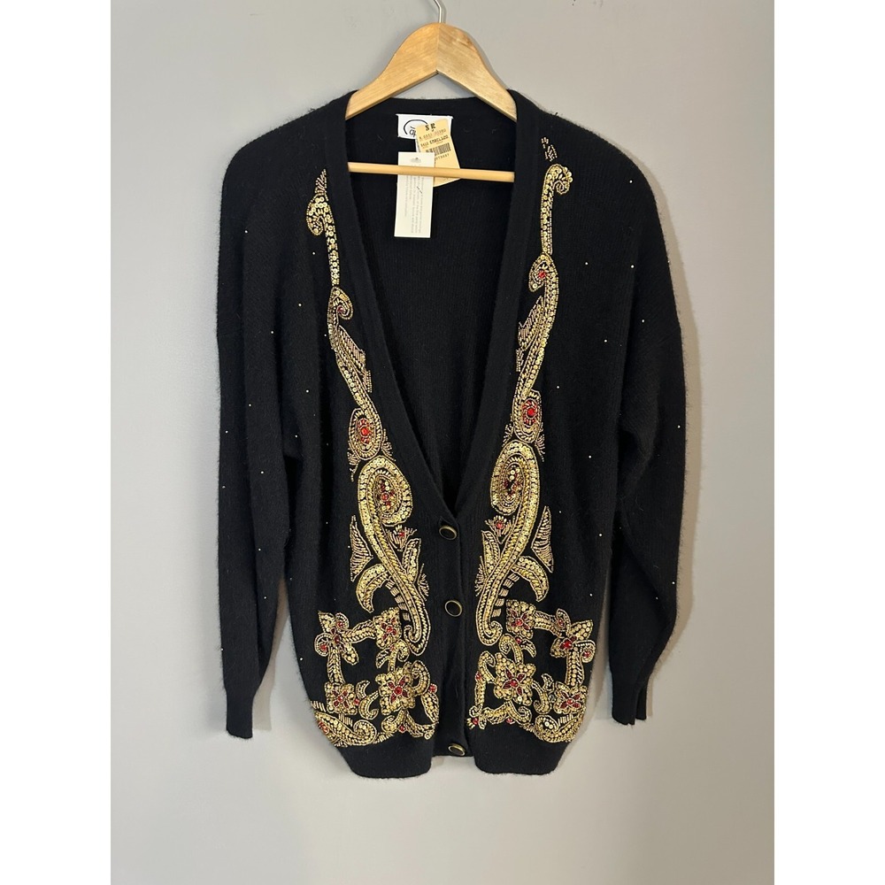 Vintage Cappagallo Sweater Womens M/L Black Gold Beaded Wool Angora Blend NOS